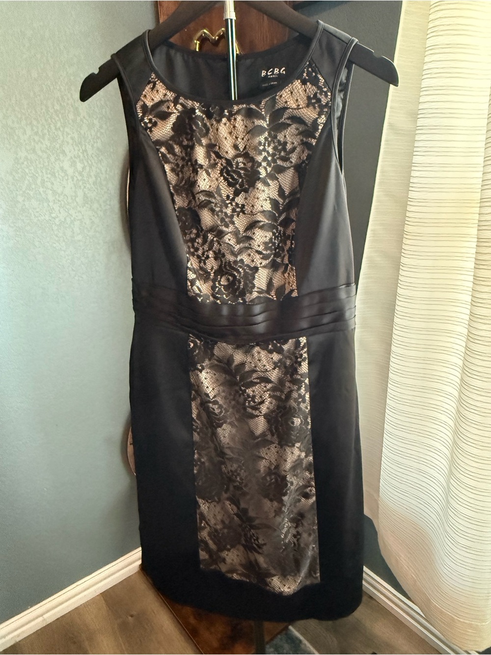 BCBG Black and Nude Lace-Panel Midi Dress